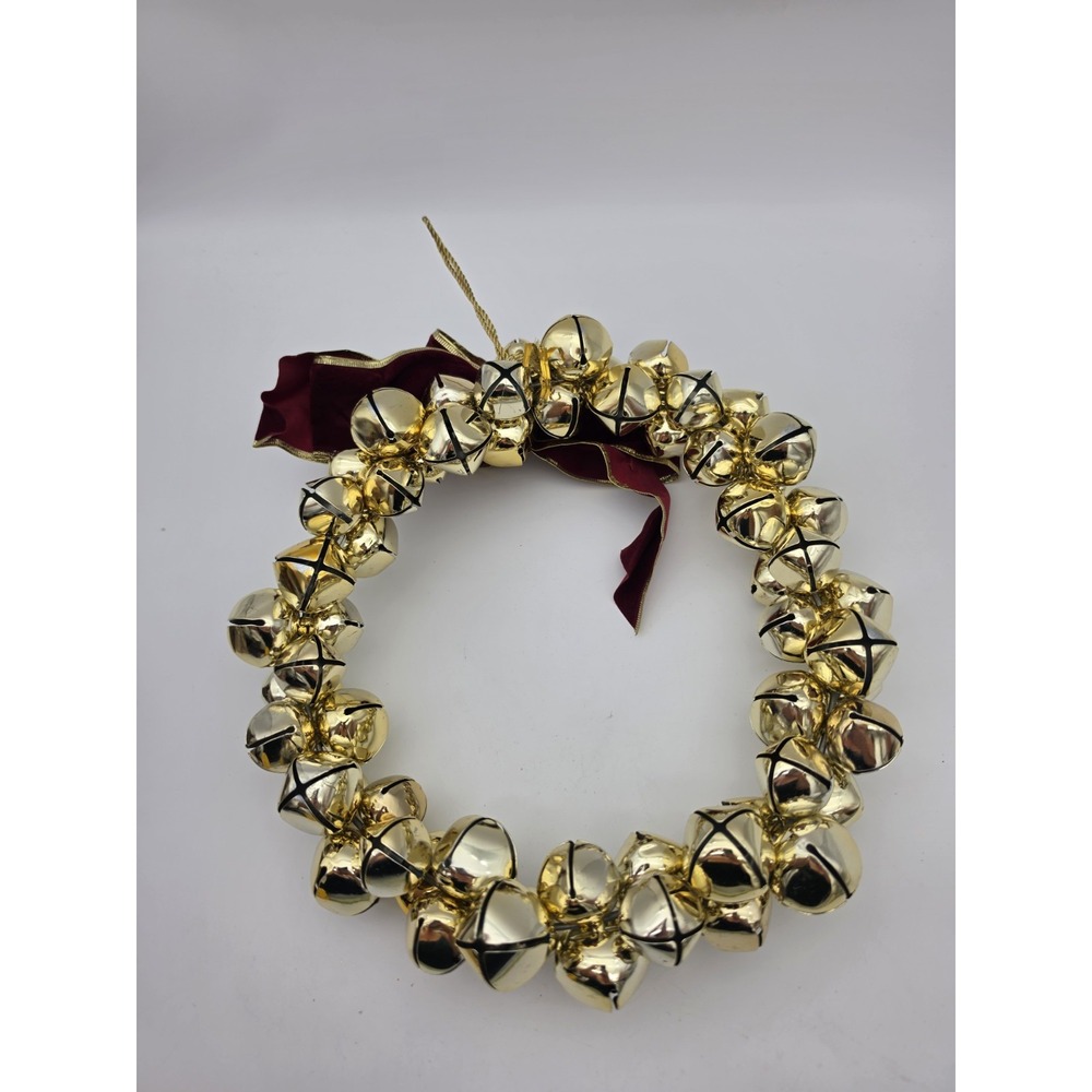 Vintage 10 Inch Gold Jingle Bell Christmas Wreath with Ribbon and Holly